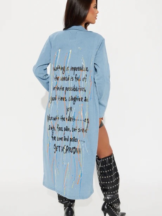 Jackets & Blazers - •Inspired• Light Wash Denim Duster Coat w/Graffiti Paint Splatter | Denim Trench
